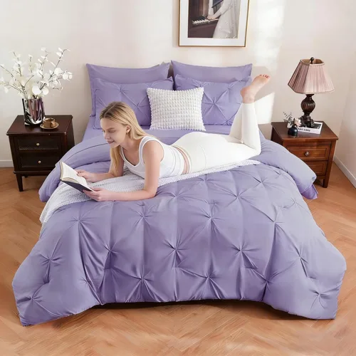 Miniatura 2 de DOWNCOOL Juego de edredón de 7 piezas color púrpura lavanda tamaño completo, cama en una bolsa con pintuck, juego de cama tamaño completo