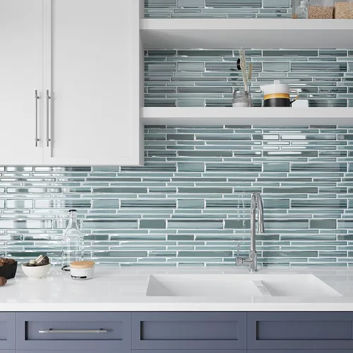 Miniatura 3 de VEELIKE 24 hojas de mosaico para despegar y pegar en muro de cocina, azulejos azules adhesivos para baño, azulejos adhesivos impermeables