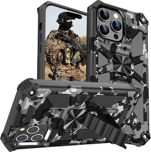 Miniatura 22 de CCSmall Funda de camuflaje para Apple iPhone 14 para hombres, protección resistente a prueba de golpes con función atril para iPhone 14 MC verde