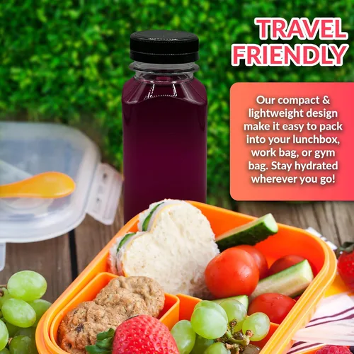 Miniatura 5 de Reli. Botellas de plástico para jugos [48 unidades] Botellas cuadradas de plástico para jugo de 8 onzas con tapas y etiquetas adhesivas