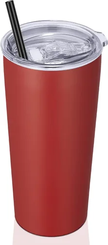 VEGOND Vaso de 20oz a granel con tapa y pajita, vaso aislado al vacío de acero inoxidable de doble pared para café, viaje, paquete de 1 unidad, Rojo