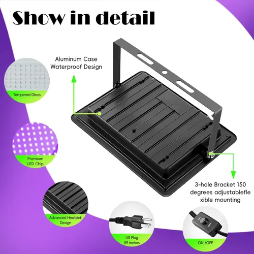 Miniatura 4 de Paquete de 4 luces LED negras de 200 W, luces de inundación de luz negra con enchufe e interruptor, impermeables IP66 para exteriores, brillo