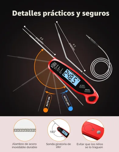 Miniatura 4 de Termómetro digital de lectura instantánea para carne con doble sonda, termómetro de alimentos para cocinar y asar a la parrilla, retroiluminación
