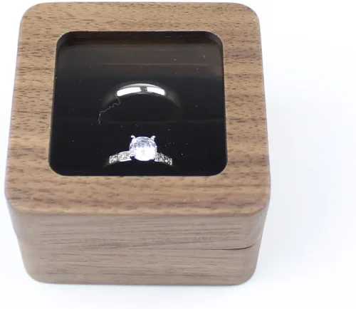 Miniatura 4 de Caja de anillos de madera cuadrada rústica con tapa transparente, para parejas, caja de compromiso, boda, dos ranuras, terciopelo negro