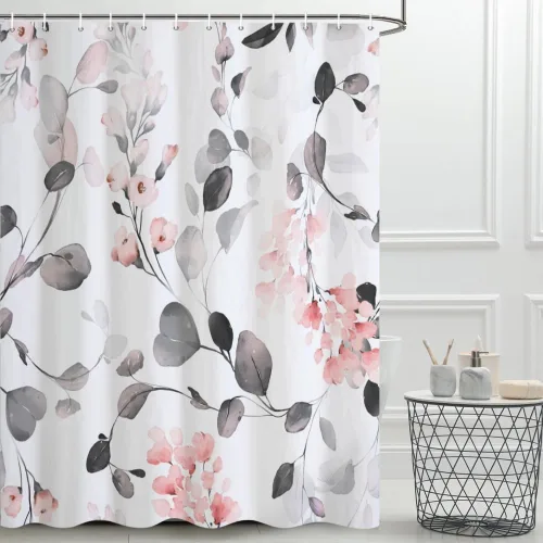 Miniatura 9 de Cortina de ducha pequeña de eucalipto azul acuarela, juego de cortinas de ducha pequeñas impermeables con diseño floral de primavera con ganchos, 36