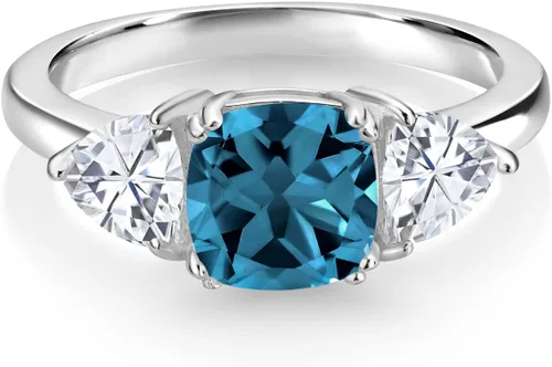 Miniatura 2 de 925 Sterling Silver Gemstone Birthstone and White Moissanite 3-Stone Engagement Ring for Women 7MM Cushion and 5MM Trillion Accents Three Stone