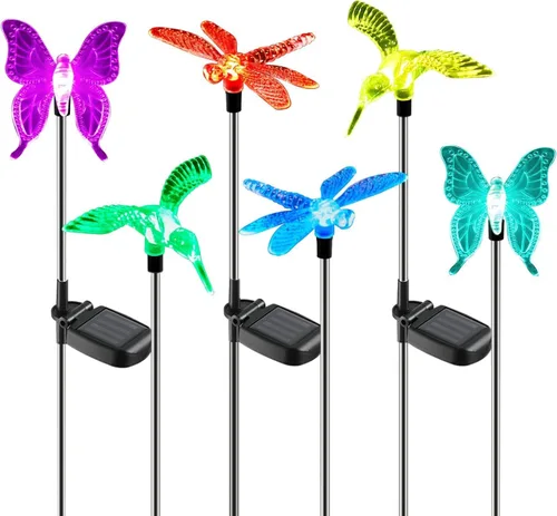 OxyLED Juego de 6 luces solares para jardín, estaca LED para exteriores, iluminación que cambia de color, impermeable, luces solares de colibrí,
