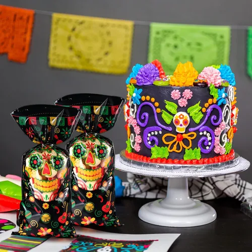 Miniatura 4 de 100 bolsas de regalo del Día de los Muertos, bolsas de plástico de celofán negro con 100 lazos plateados para decoraciones de Halloween, suministros