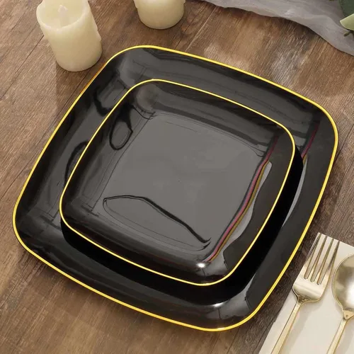 Efavormart - Paquete de 10 platos cuadrados de plástico para postre de 7 pulgadas, color negro con borde dorado, platos desechables para ensalada