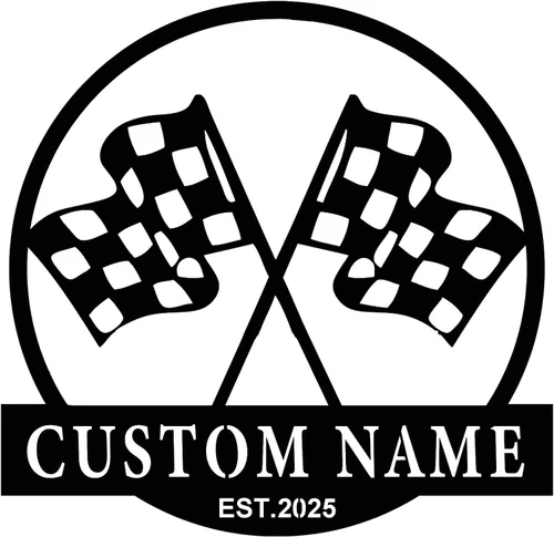 Letrero de metal personalizado con bandera de carreras a cuadros, arte de pared de metal personalizado, letrero de nombre con monograma de bandera a