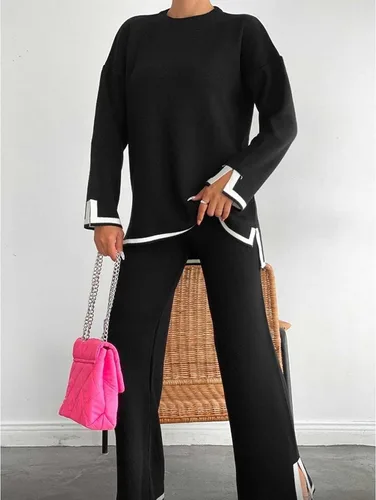 Miniatura 3 de MaLinfandor Conjunto de 2 piezas de suéter de punto para mujer, sudadera de manga larga, pantalones elásticos de pierna ancha, conjunto de ropa