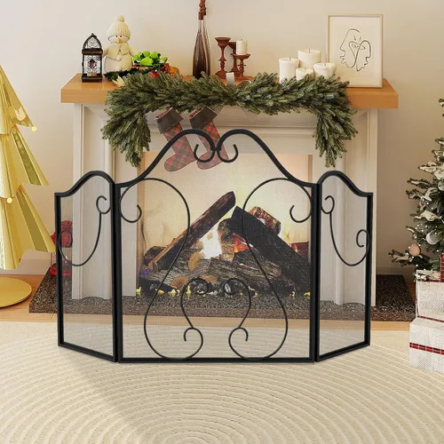 Miniatura 4 de Tangkula Pantalla de chimenea de 3 paneles, cubierta plegable de protección contra chispas con pergamino decorativo, puerta de chimenea