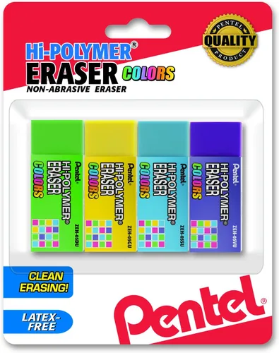 Pentel - Borrador de bloque de alto polímero, pequeño, colores surtidos, paquete de 4 (ZEH05CRBP4M)