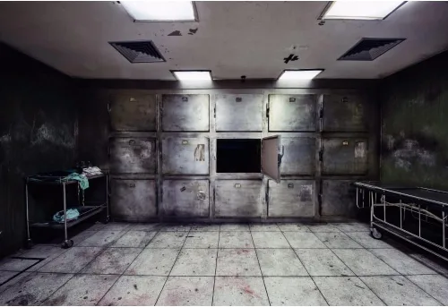 YongFoto Telón de fondo de hospital abandonado de 5 x 3 pies Morgue Tajones jirones cama de operaciones piso de sangre Fondo de fotografía