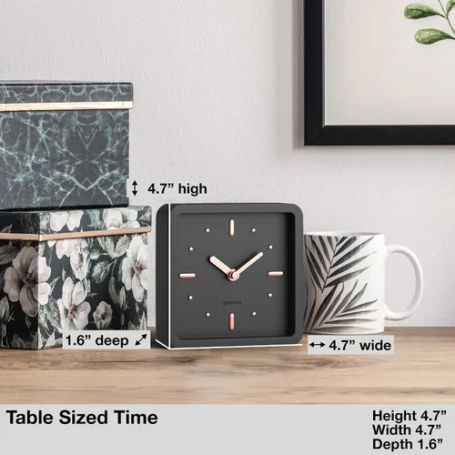 Miniatura 4 de Driini Reloj moderno de mediados de siglo para escritorio y estante (negro y oro rosa) - funciona con pilas, con movimiento analógico silencioso