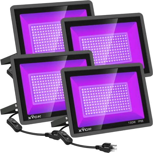 XYCN Paquete de 4 luces de inundación LED de 150 W en negro, UV de 395 nm a 405 nm, luz negra de alto poder para exteriores con enchufe, IP66
