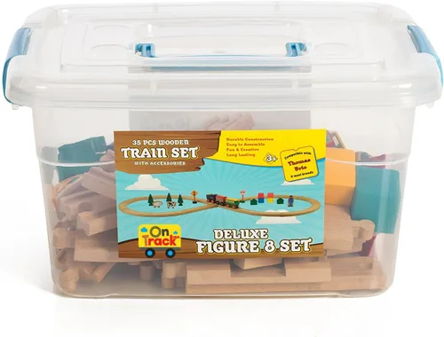 Miniatura 6 de On Track USA Juego de tren de madera de 35 piezas todo en uno con trenes magnéticos y accesorios ferroviarios, viene en un recipiente transparente