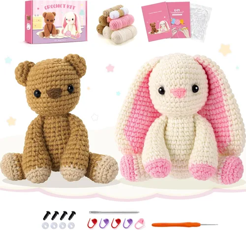 Kit de ganchillo para principiantes, kit de ganchillo de conejo y oso con tutoriales en video paso a paso, kit de ganchillo de conejo para Conejo