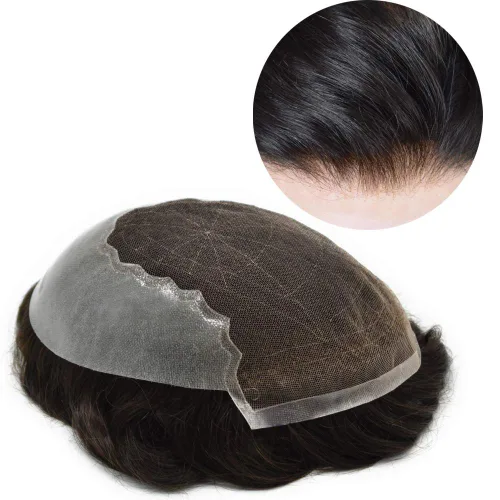 Miniatura 31 de Peluca de repuesto de cabello natural de poliuretano con encaje frontal para hombre (7x9 pulgadas, densidad de luz, 1B40# negro natural con 40% gris)