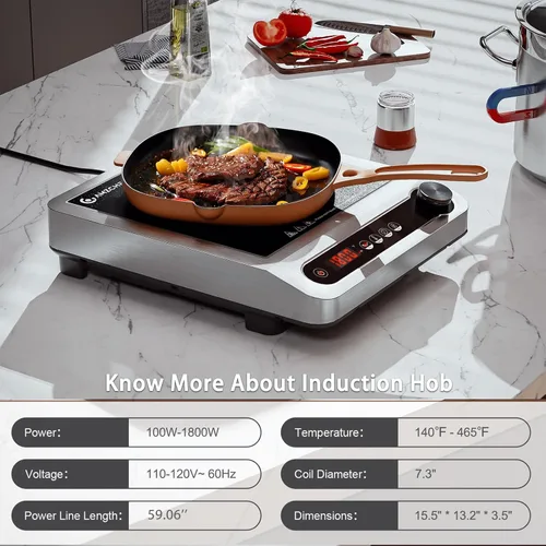 Miniatura 5 de AMZCHEF Placa de cocción de inducción comercial, quemador de encimera de 1800 W con 18 ajustes de potencia y temperatura, doble IGBT, temporizador
