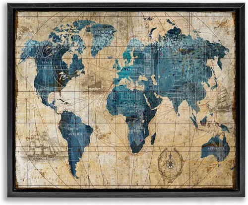 Stupell Industries Diseño de mapa del mundo abstracto vintage, diseño por Art Licensing Studio, negro flotante enmarcado, 16 x 20 pulgadas
