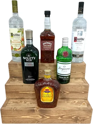 Miniatura 10 de Estantería de exhibición escalonada hecha a mano, exhibición de barra de tres niveles, organizador de barra, exhibición de botellas de licor