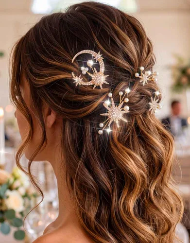 Miniatura 3 de Kilshye Accesorios dorados para el cabello, horquillas de estrella para el cabello de novia para mujeres (paquete de 4)