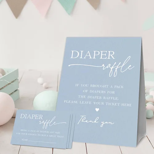Miniatura 2 de Juegos de baby shower, 1 letrero de pie para rifas de pañales con 50 boletos para rifas de pañales, decoraciones y suministros para fiesta de baby