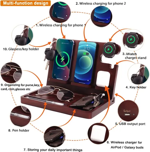 Miniatura 2 de Base de carga para teléfono de madera Xunhomon, estación de carga inalámbrica de 27W de carga rápida para 2 teléfonos para iOS/Android/iWatch/Air