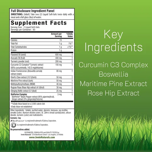 Miniatura 2 de Irwin Naturals Turmeric+ para todo el cuerpo - BioPerine Complex Absorción Mejorada - 60 cápsulas blandas líquidas