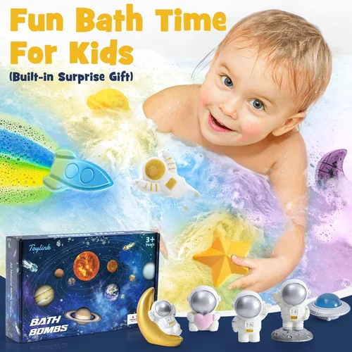 Miniatura 7 de Toylink Bombas de baño espaciales para niños con sorpresa en el interior, paquete de 8 bombas de baño de galaxia con juguetes espaciales para niños