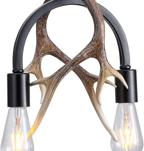 Miniatura 8 de Candelabro de cornamenta, moderna lámpara de cornamenta de ciervo de 2 luces, lámpara colgante de cornamenta negra de hierro de resina