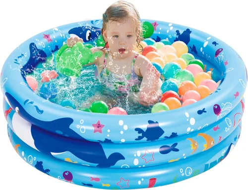 Sloosh Piscina inflable para niños, 34 x 10 pulgadas, piscina inflable para niños, 3 anillos, piscina azul para bebés para niños, hoyo de juego para