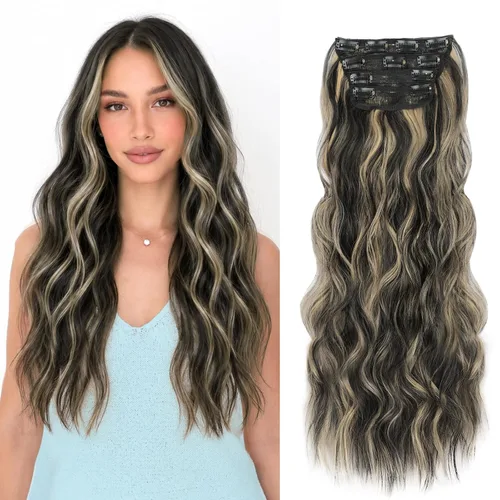 Miniatura 11 de ALXNAN Extensiones de cabello sintético largo y ondulado con clip, de 16 pulgadas, color negro natural, 4 piezas gruesas, fibra de doble trama