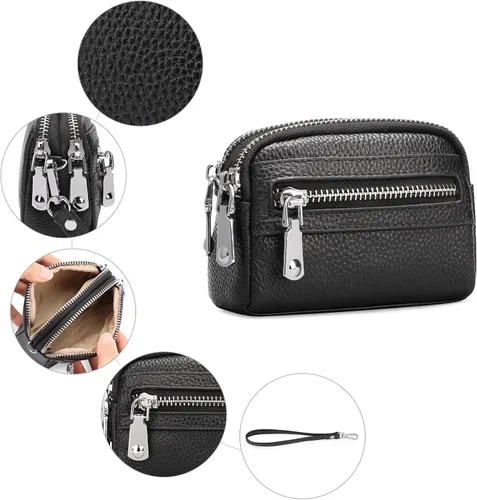 Miniatura 3 de SENDEFN Monedero para mujer de cuero con doble cremallera alrededor de bolsa pequeña, Negro -, 5256