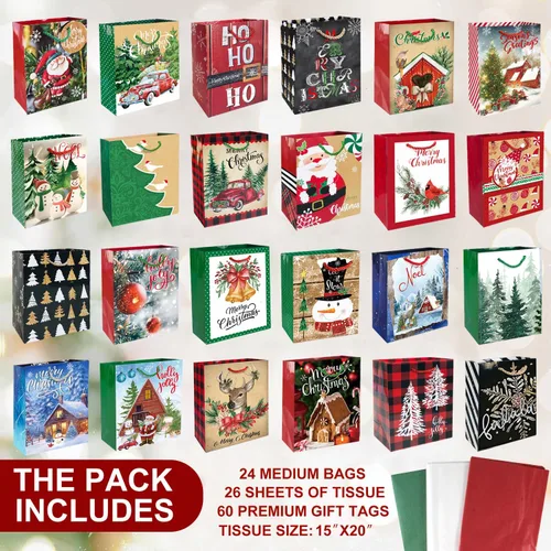 Miniatura 5 de Party Funny 24 Bolsas Pequeñas de Regalo de Navidad a Granel con Asas, 26 Papel de Seda y 60 Unidades de Etiquetas de Regalo de Navidad - Juego