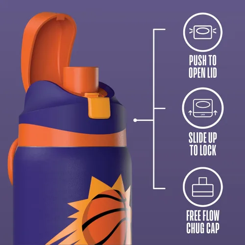 Miniatura 5 de Hydrapeak Botella de agua aislada con licencia oficial de la NBA Phoenix Suns Oasis de 32 onzas con tapa de botón y asa integrada, botella deportiva