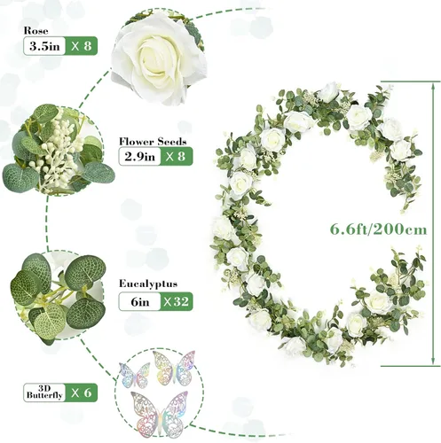 Miniatura 5 de Yastouay - 2 piezas de guirnalda de flores blancas de 13.1 pies con mariposas, eucalipto artificial con flores, vid de rosa falsa para centro