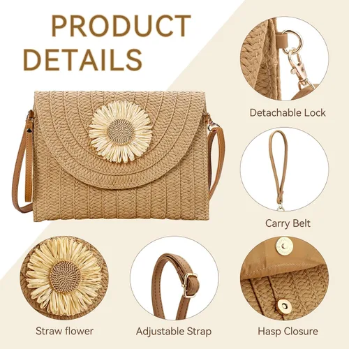 Miniatura 3 de YYW Bolso de paja con paja, bolso de hombro de paja para mujer, para verano, playa, crucero, sobre, embrague, bolsa de rafia