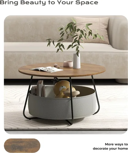 Miniatura 7 de Manora Mesa auxiliar redonda pequeña para sala de estar, mesa central moderna con almacenamiento de cesta de tela, bonita mesa circular