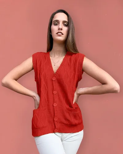 Miniatura 2 de TINKUY PERU - Chaleco de lana de alpaca con cuello en V y rombos para mujer, tallas S-4XL