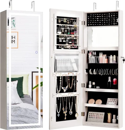 Miniatura 8 de Giantex Armario de joyería para puerta de pared, espejo de longitud completa iluminado con pantalla táctil con cerradura de 47.2 pulgadas, 3 ajustes