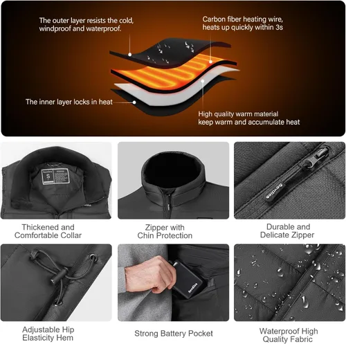 Miniatura 7 de Sevdiea Chaleco térmico para hombre con batería incluida, 16000 mAh, 7.4 V, chaleco térmico para hombres de caza, chalecos eléctricos con calefacción