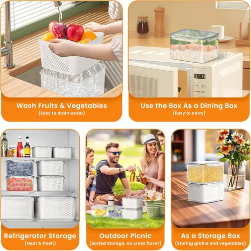 Miniatura 6 de Recipientes de almacenamiento de frutas para nevera, 5 recipientes para poduce para refrigerador, con cesta de drenaje extraíble, mantiene la fruta