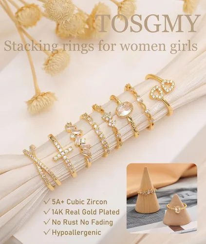 Miniatura 3 de TOSMGY - Anillos de oro para mujer, no se deslustra, apilables, anillos de compromiso de boda, anillo de oro de 14 quilates para adolescentes
