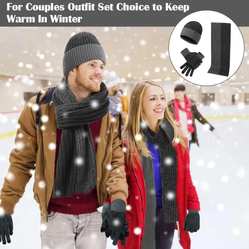 Miniatura 6 de Guantes para hombre para clima frío invierno cálido de felpa gris oscuro gorro de punto grueso para Navidad Año Nuevo regalo de cumpleaños