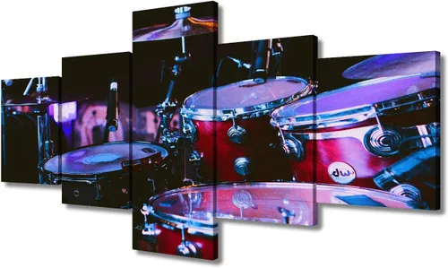 Miniatura 40 de Arte de pared en blanco y negro, kit de batería de jazz morado sobre fondo negro, pinturas de 5 paneles, lienzo, arte de pared para decoración