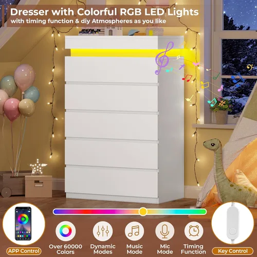 Miniatura 3 de HAUOMS Cómoda alta de 5 cajones con luz LED, cómoda moderna blanca para dormitorio, vestidor de armario con cajones para sala de estar, entrada