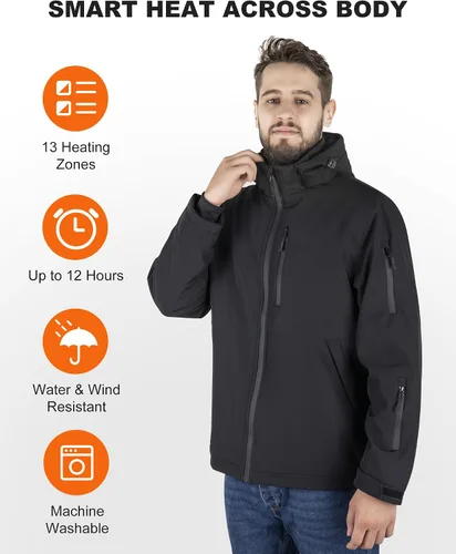 Miniatura 7 de azamine Chaqueta térmica para hombre con batería de 16000 mAh, abrigo térmico suave resistente al viento con capucha desmontable
