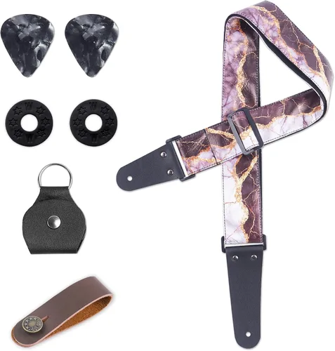 Miniatura 19 de LIZIMANDU Correa ajustable para guitarra incluye 2 cierres de correa y 4 púas a juego. Correa de hombro para guitarra con extremos de cuero, ideal